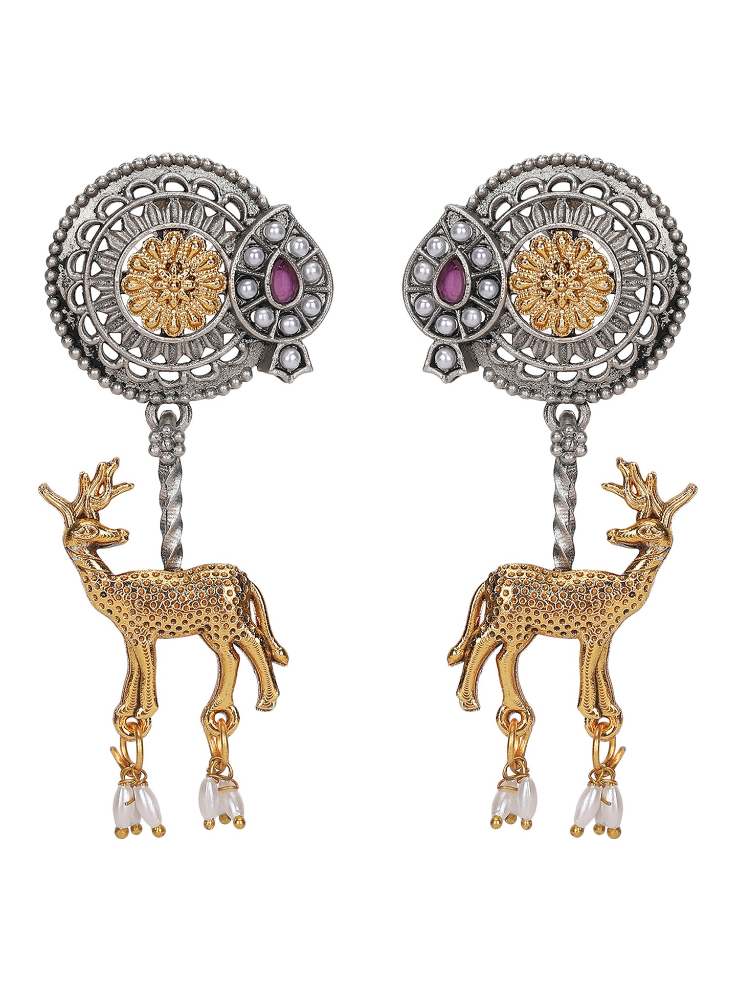Elegant Dual-Tone Deer Motif Earrings with Pearl Drops