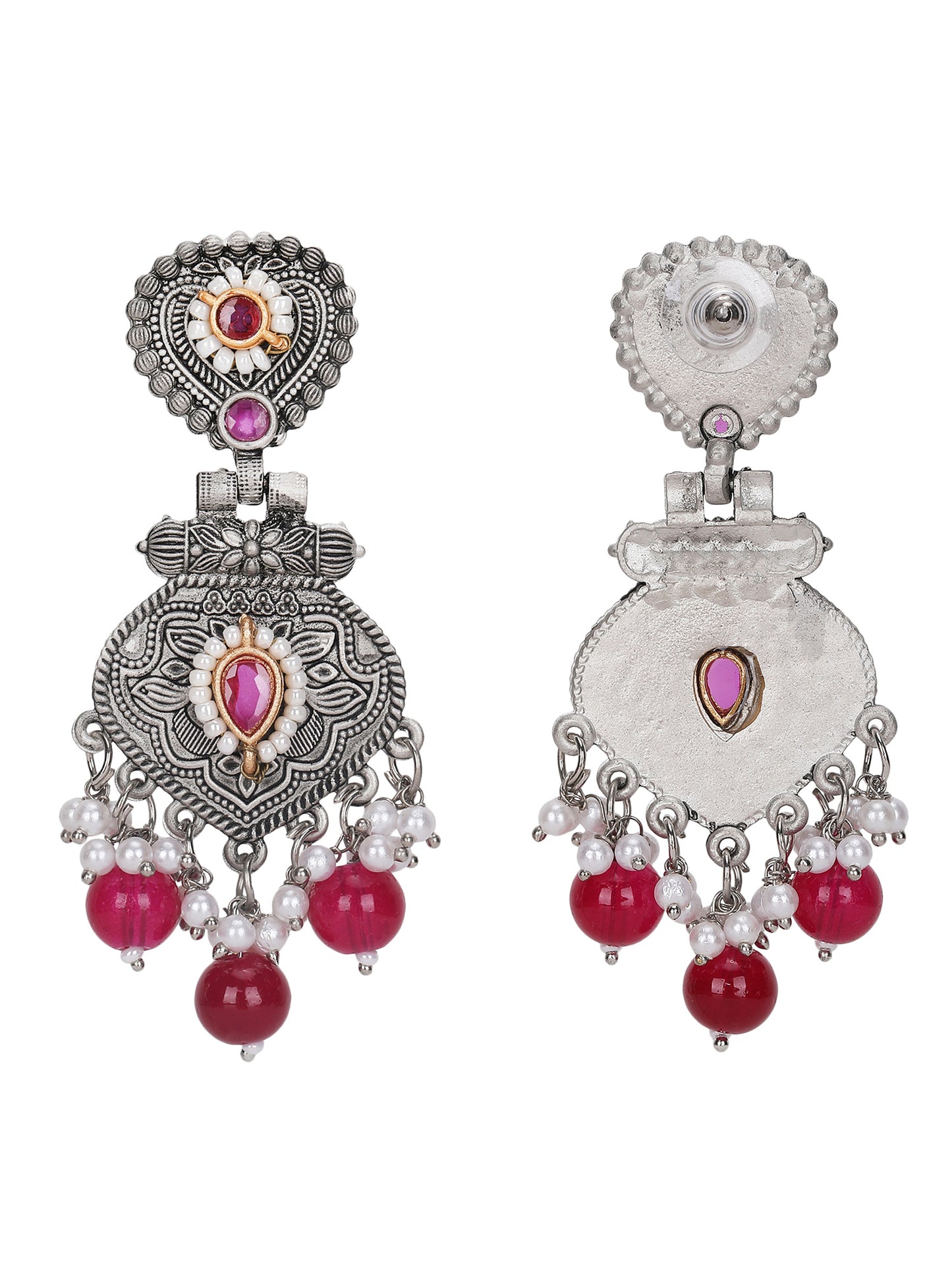 Antique Silver-Plated Earrings with Ruby & Pearl Drops