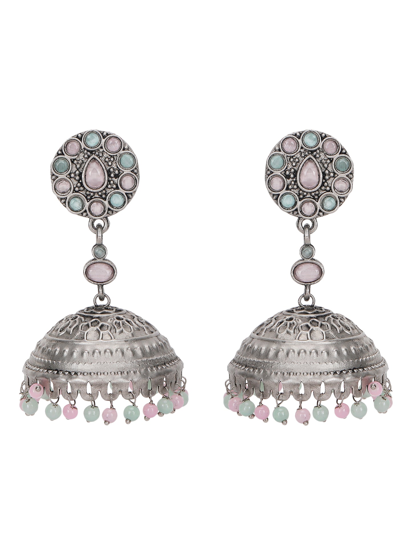 Antique Silver-Plated Jhumka Earrings with Pastel Beads