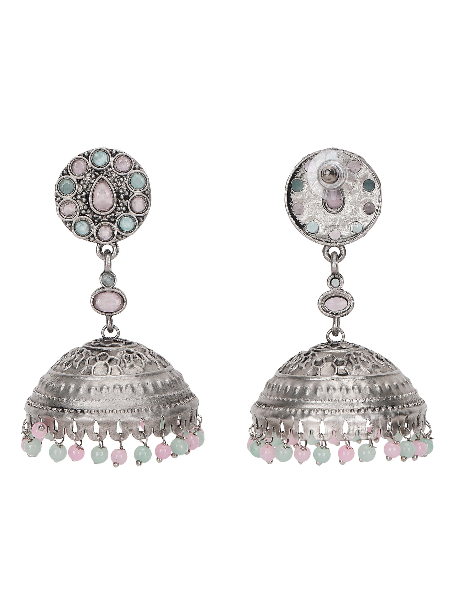 Antique Silver-Plated Jhumka Earrings with Pastel Beads