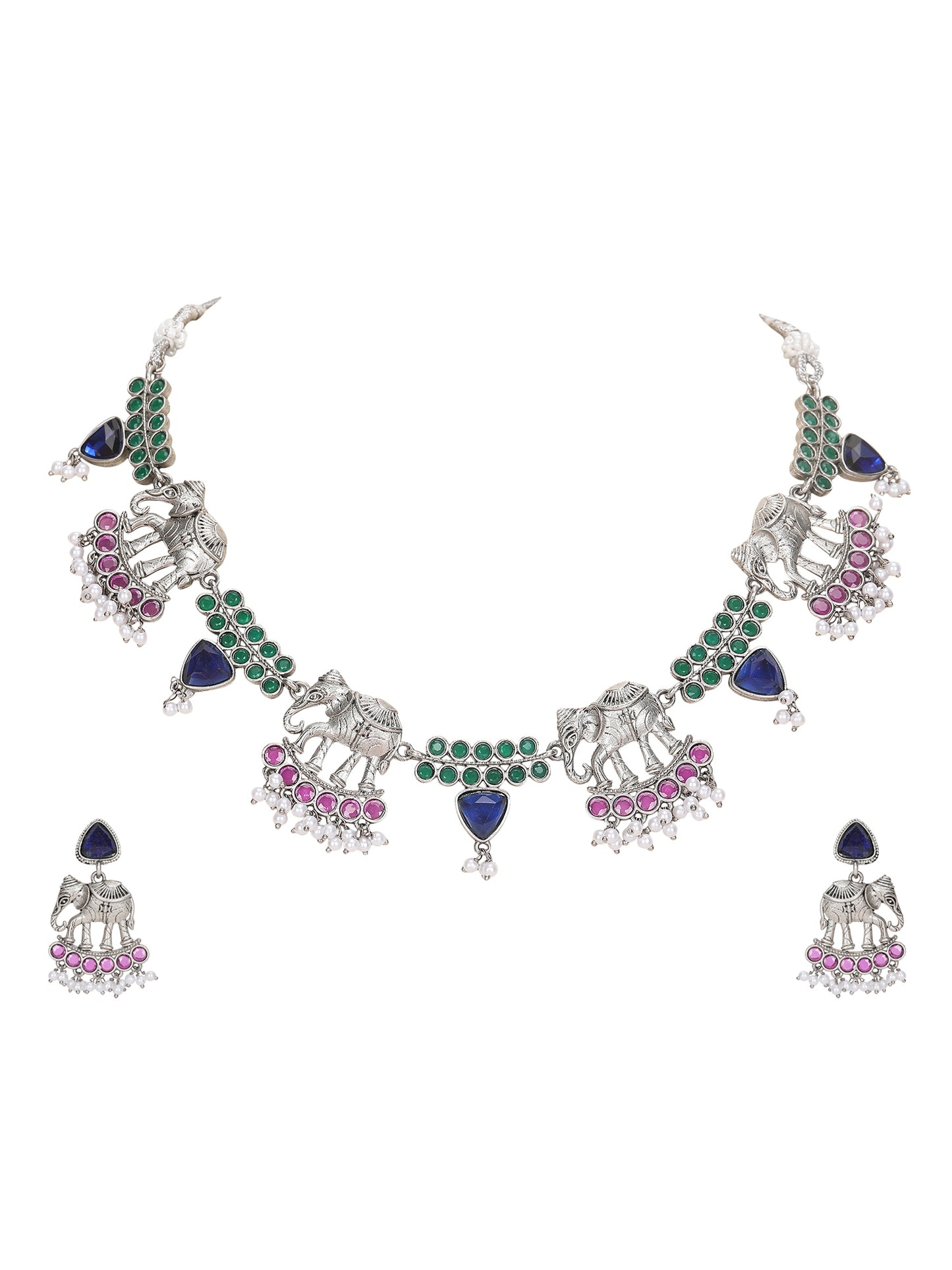 Silver-Plated Elephant Motif Necklace Set with Earrings