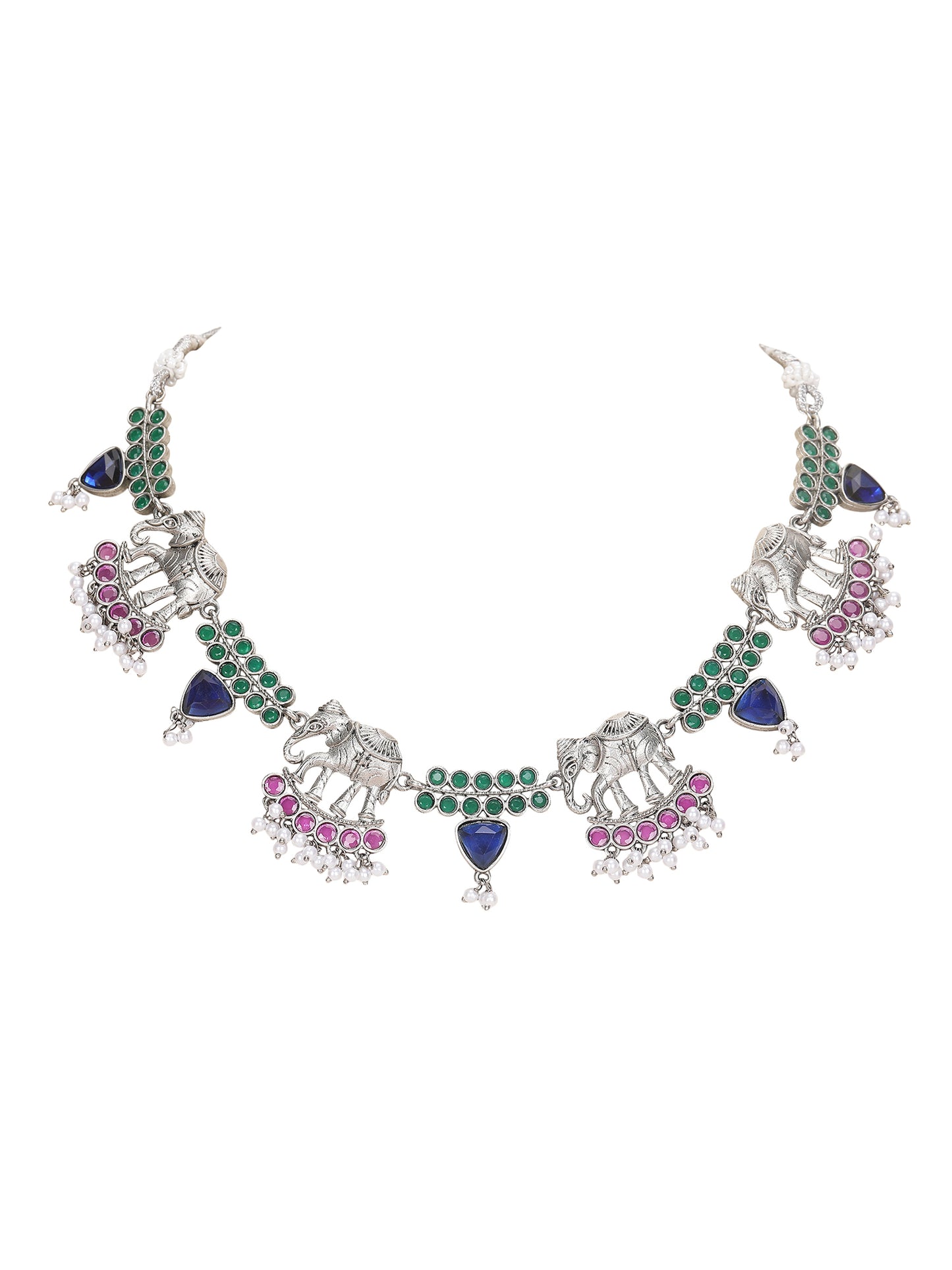 Silver-Plated Elephant Motif Necklace Set with Earrings