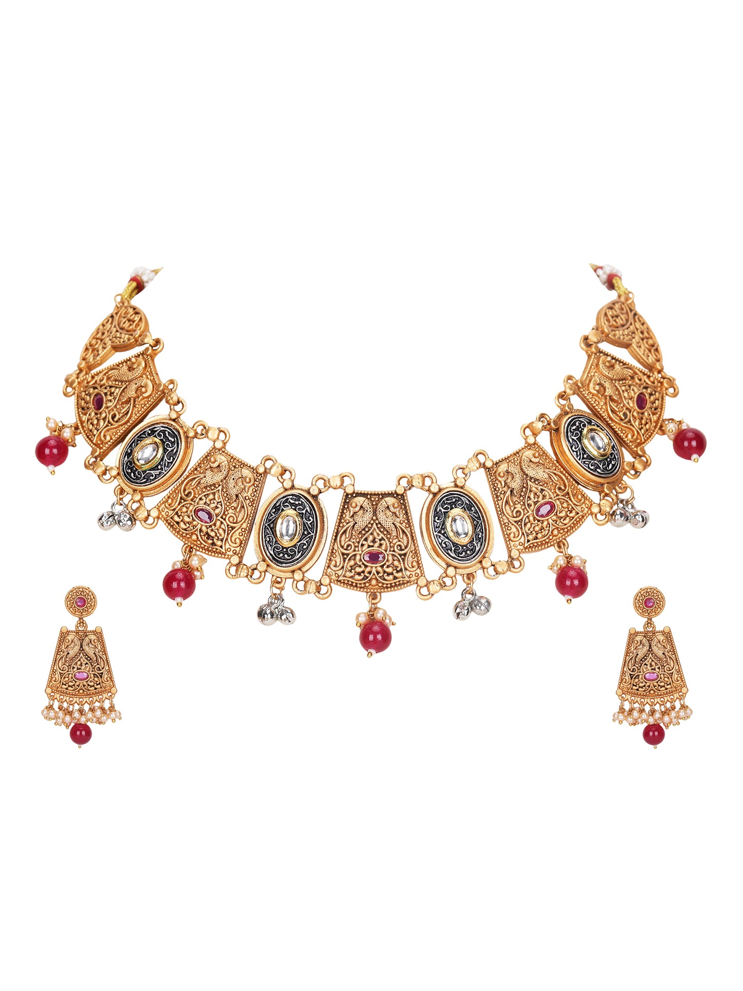 Antique Gold-Plated Temple Necklace Set with Kundan and Pearl Beads