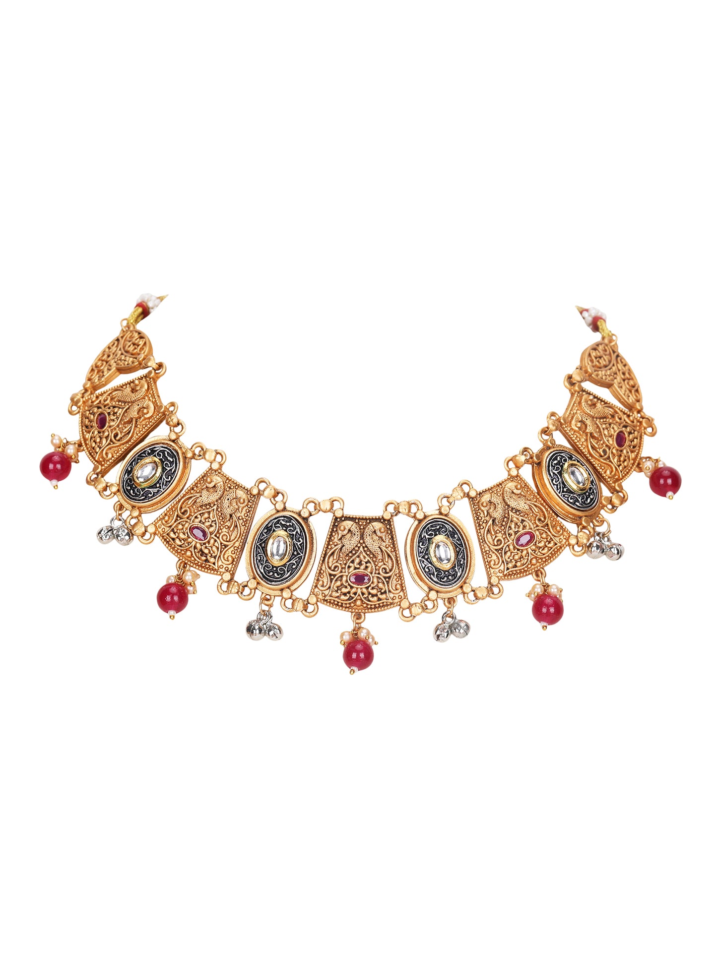 Antique Gold-Plated Temple Necklace Set with Kundan and Pearl Beads