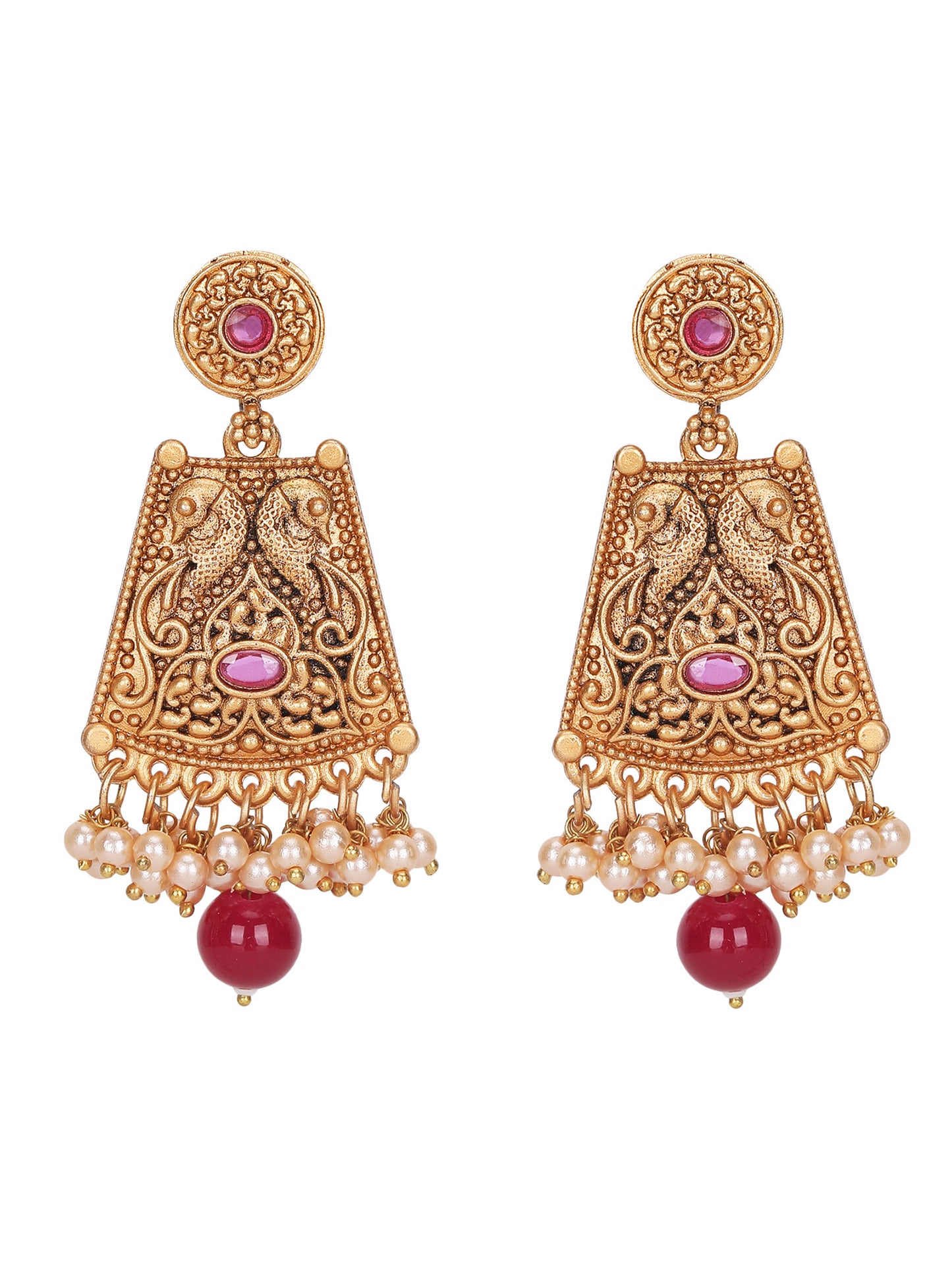 Antique Gold-Plated Temple Necklace Set with Kundan and Pearl Beads