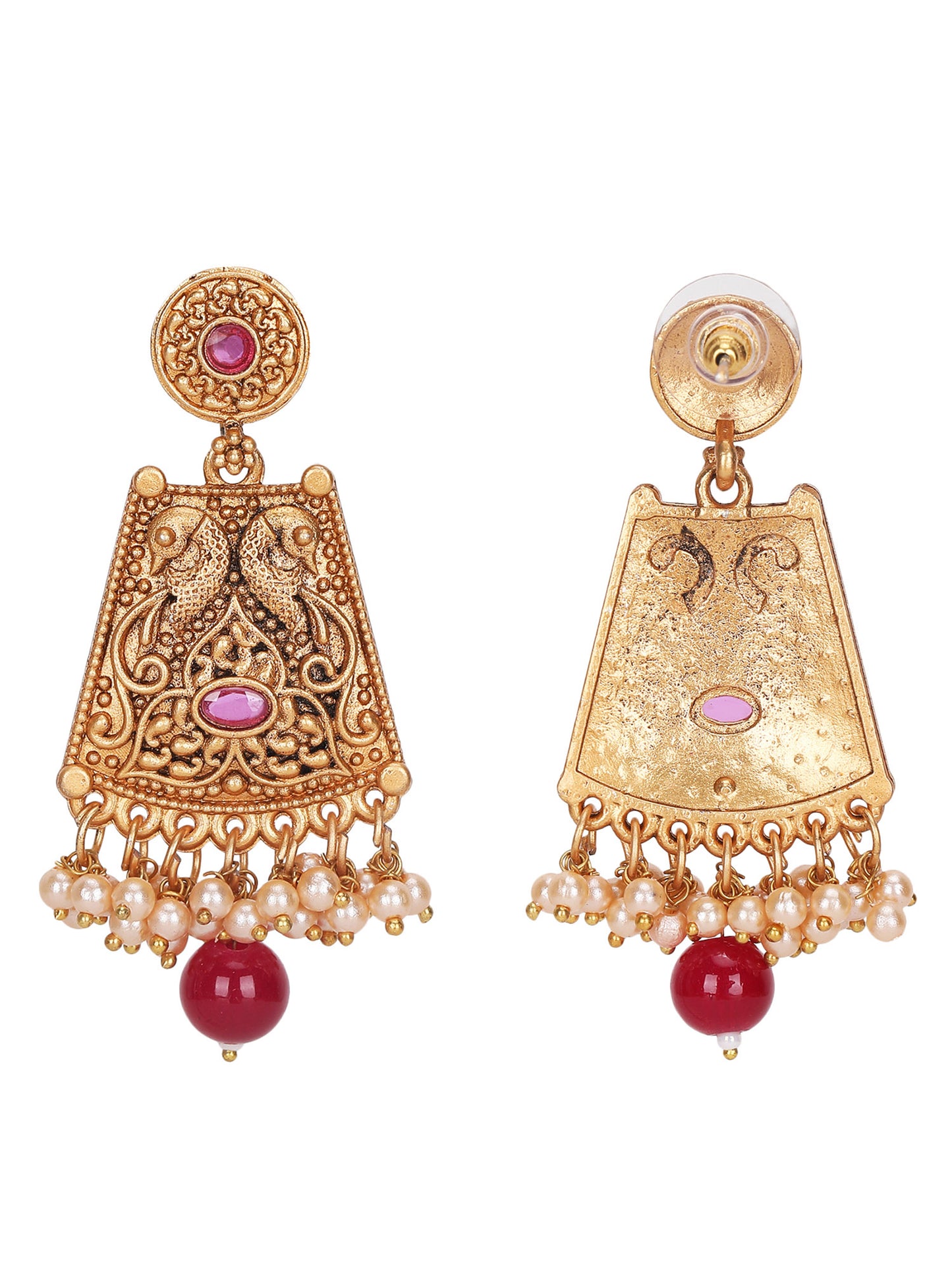Antique Gold-Plated Temple Necklace Set with Kundan and Pearl Beads