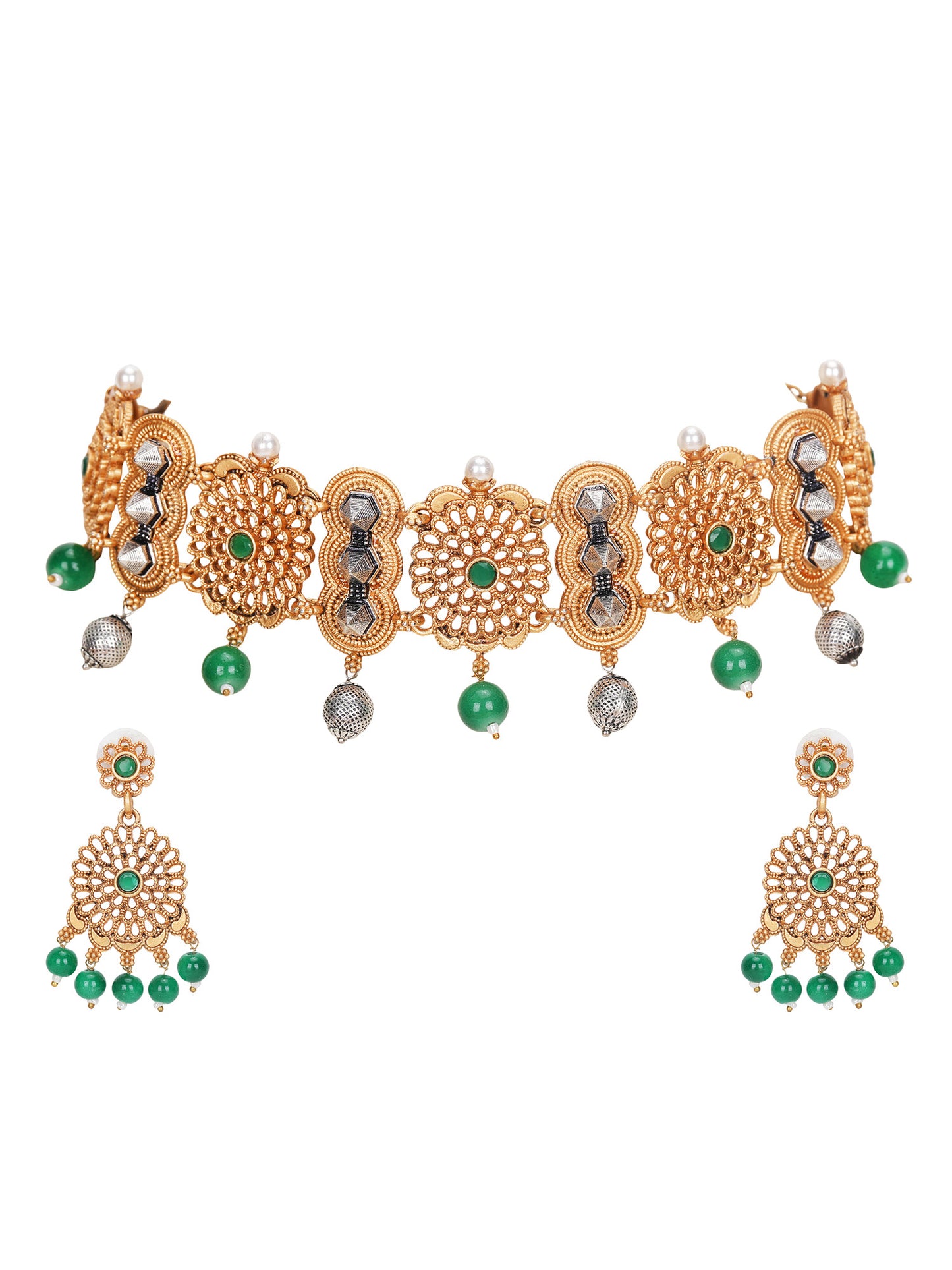 Antique Gold-Plated Choker Necklace Set with Green Beads