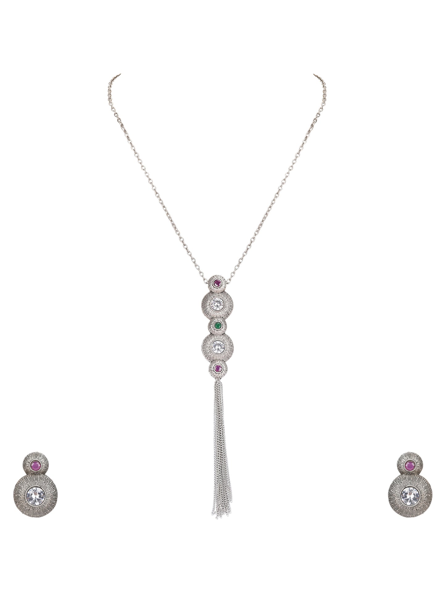 Elegant Silver Tassel Pendant Necklace Set with Crystal & Gemstone Accents