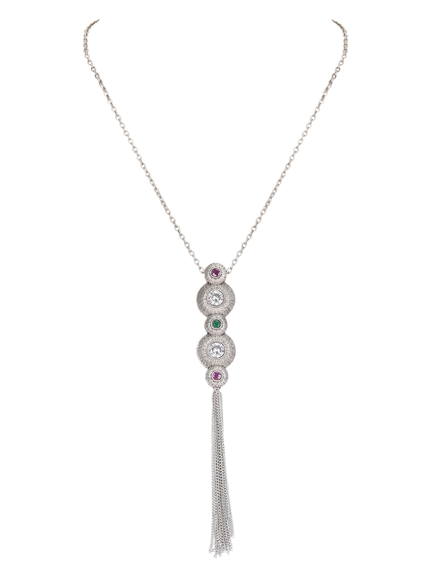 Elegant Silver Tassel Pendant Necklace Set with Crystal & Gemstone Accents