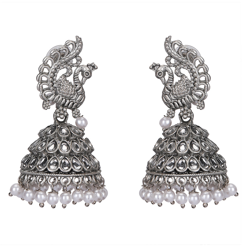 Oxidized Silver Kundan & Pearl Drops Earrings