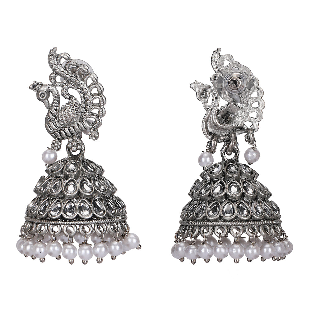 Oxidized Silver Kundan & Pearl Drops Earrings