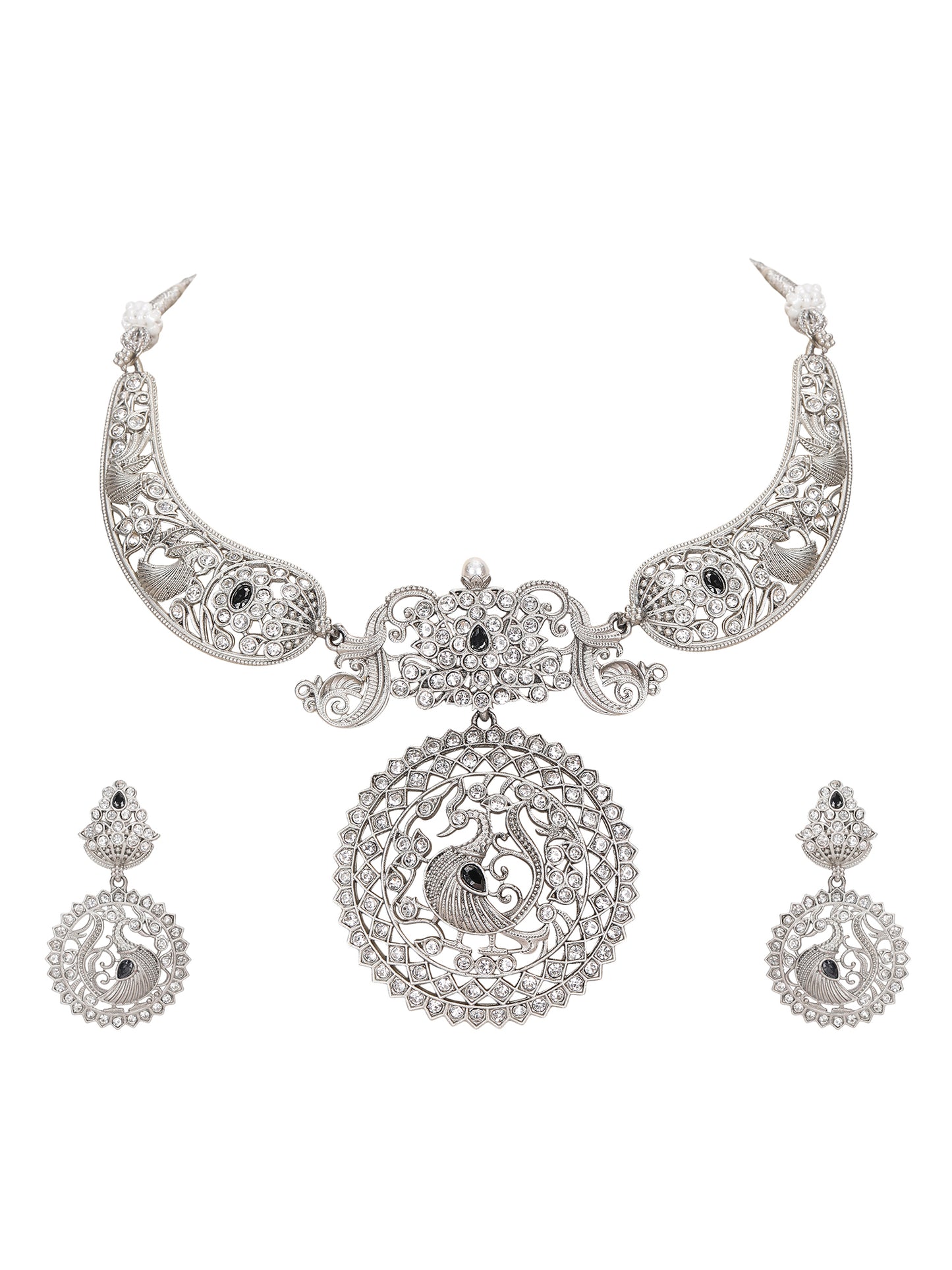 Antique Silver Peacock Necklace Set with Intricate Filigree Work