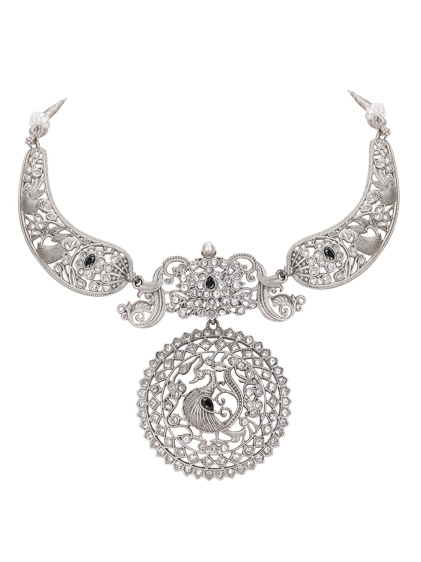 Antique Silver Peacock Necklace Set with Intricate Filigree Work