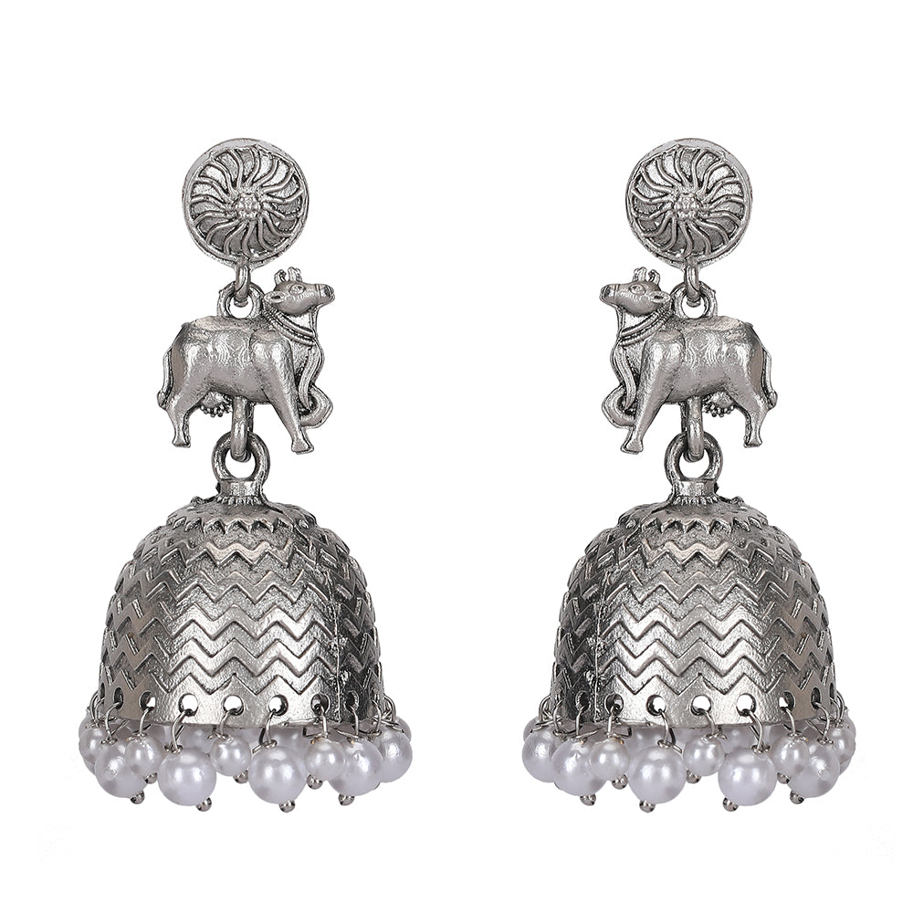 Oxidized Silver Jhumka Earrings with Pearl Drops