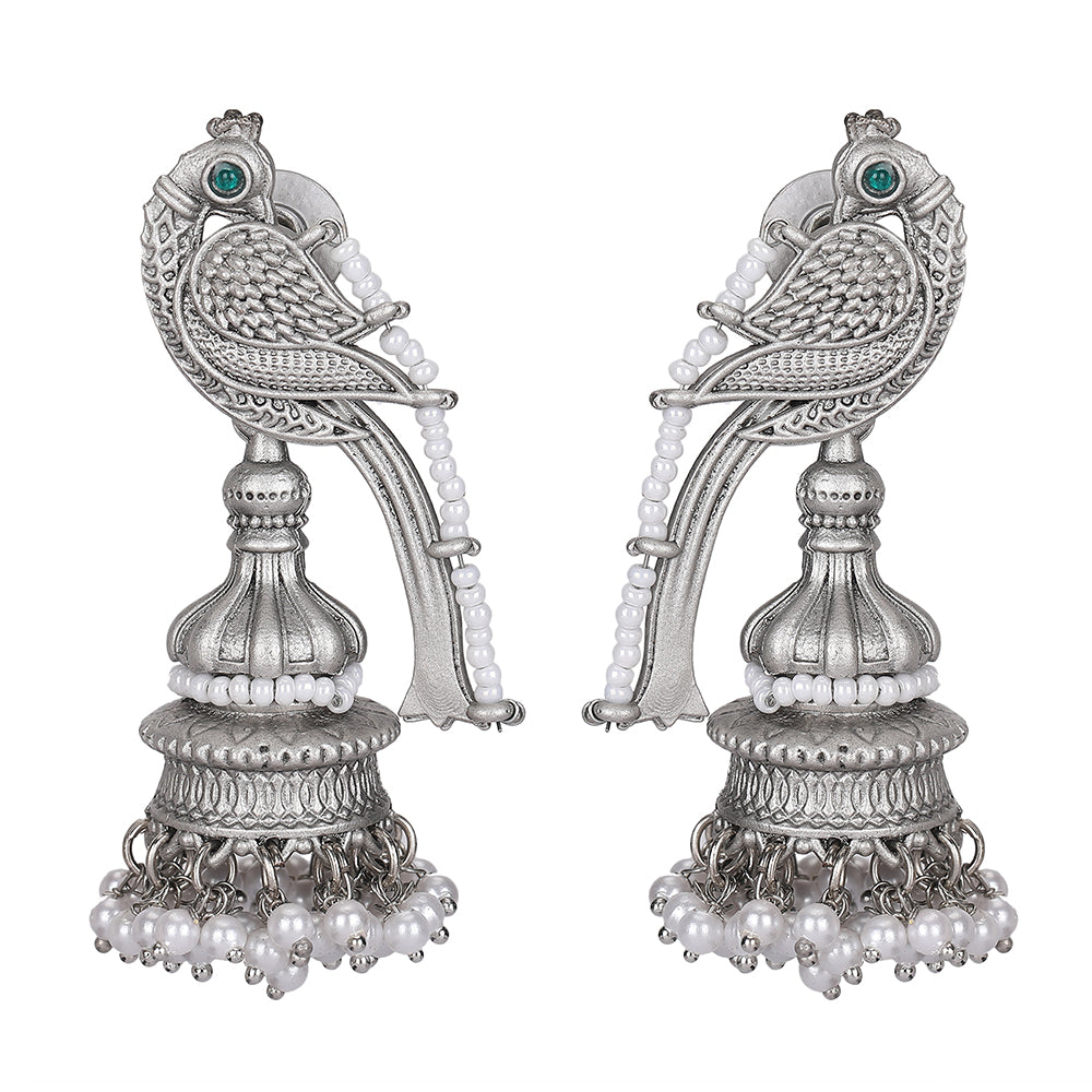 Oxidized Silver Jhumka Earrings Parrot Design