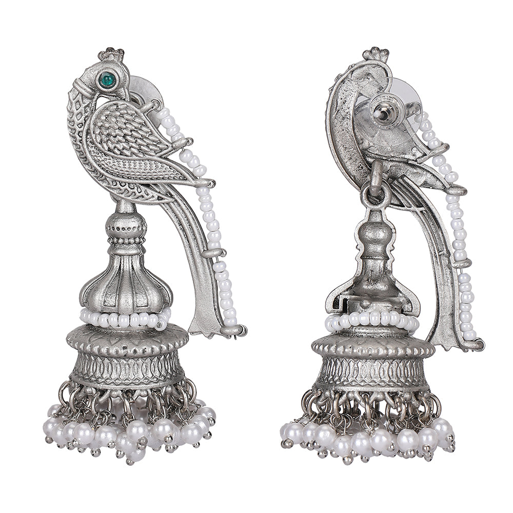 Oxidized Silver Jhumka Earrings Parrot Design