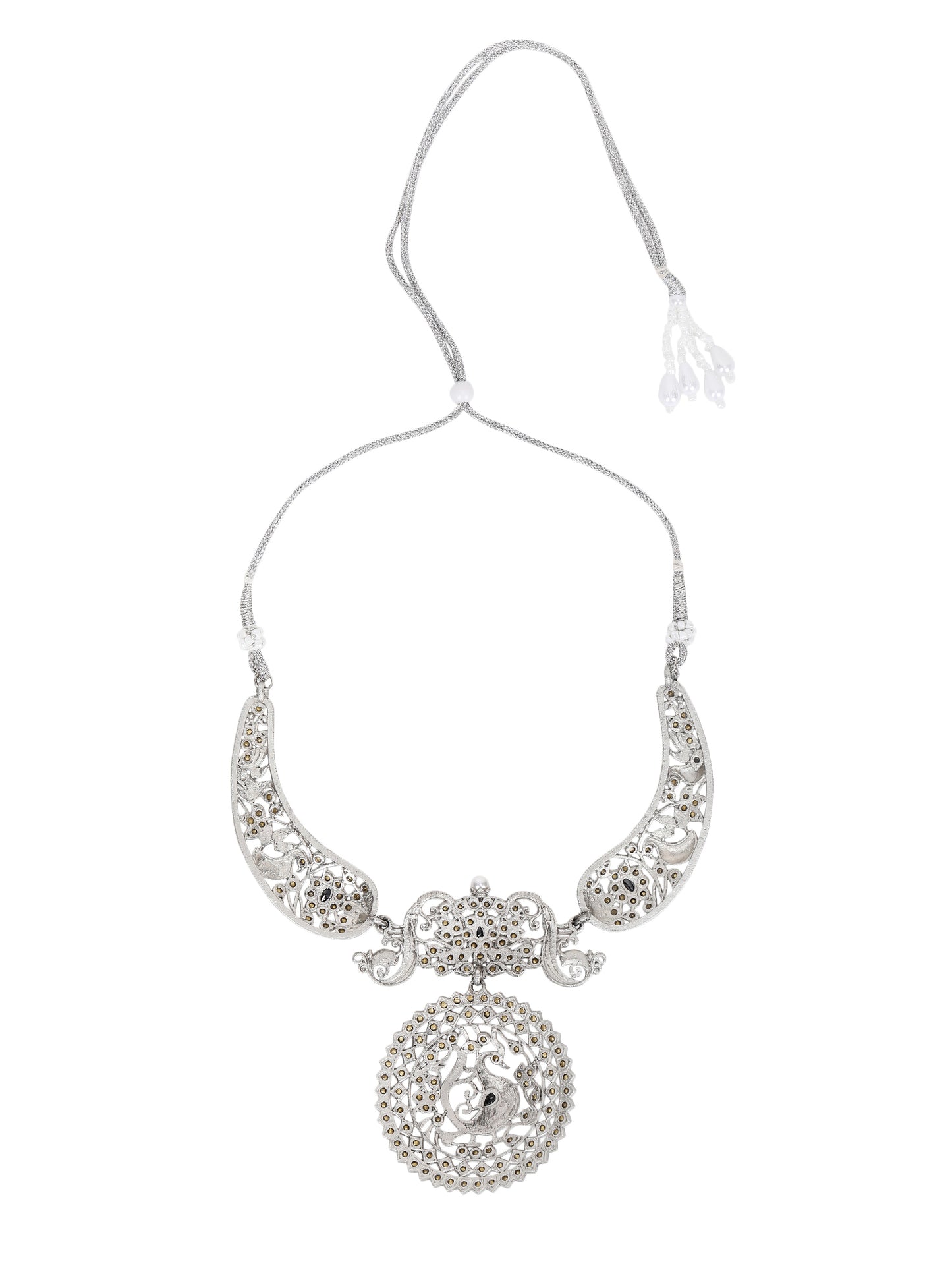 Antique Silver Peacock Necklace Set with Intricate Filigree Work