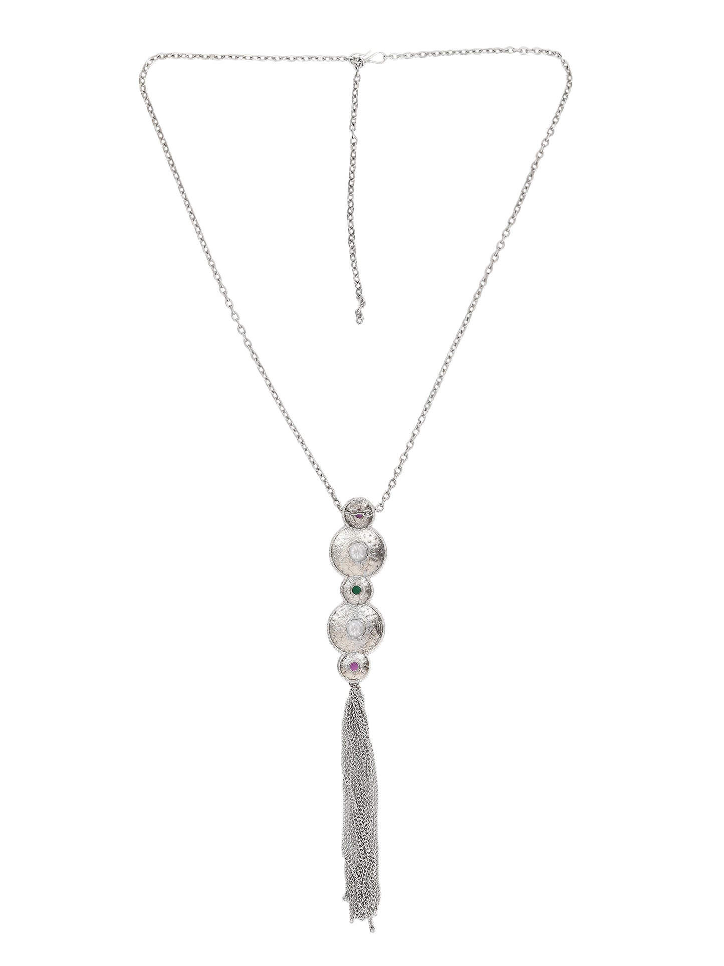 Elegant Silver Tassel Pendant Necklace Set with Crystal & Gemstone Accents