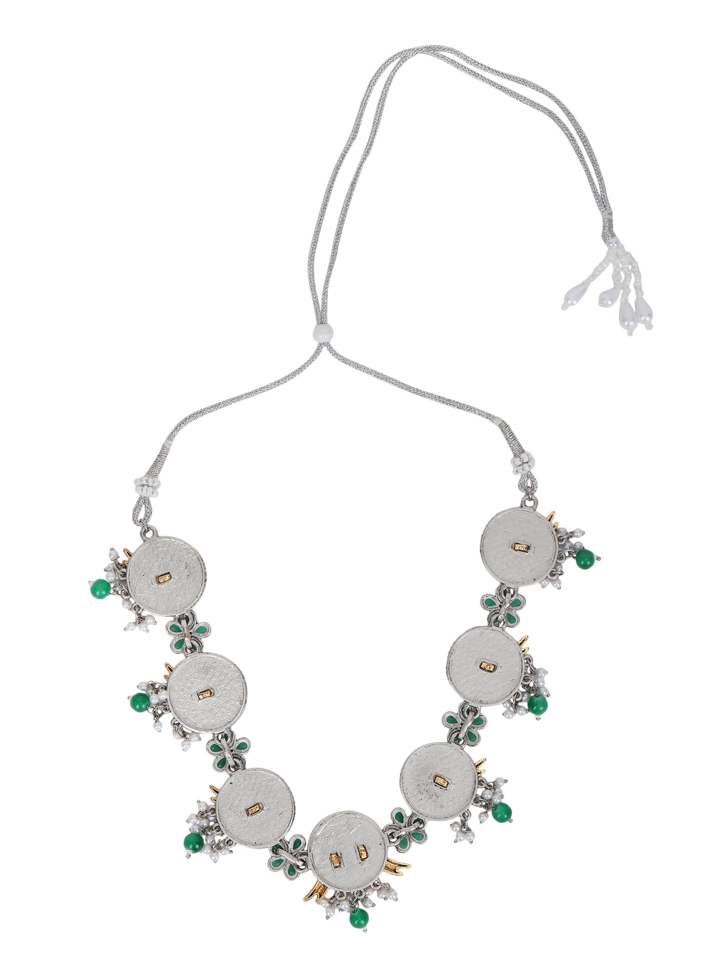 Dual-Tone Bird Motif Necklace Set with Green Enamel & Pearl Drops