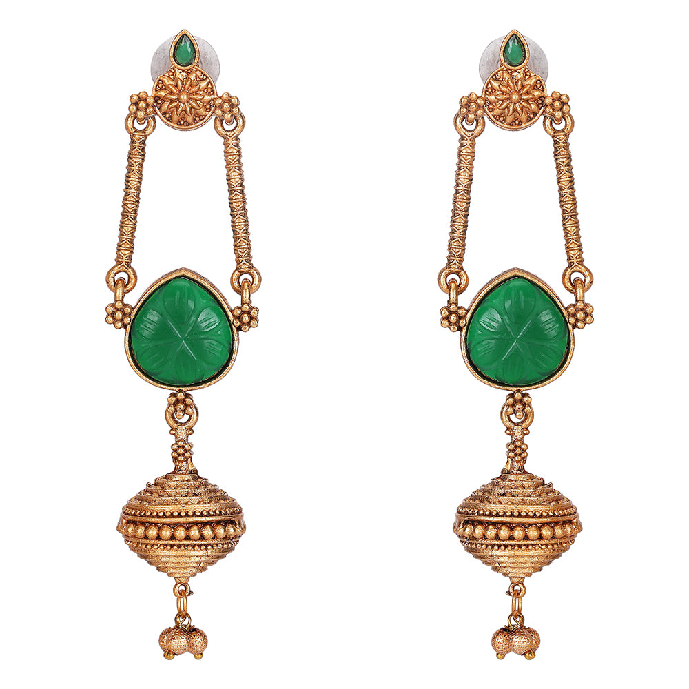 Antique Gold-Plated Earrings with Green Stone & Filigree Work