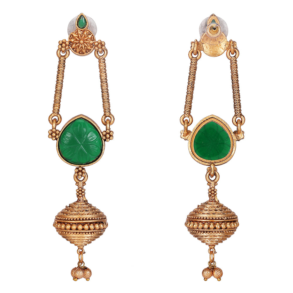 Antique Gold-Plated Earrings with Green Stone & Filigree Work