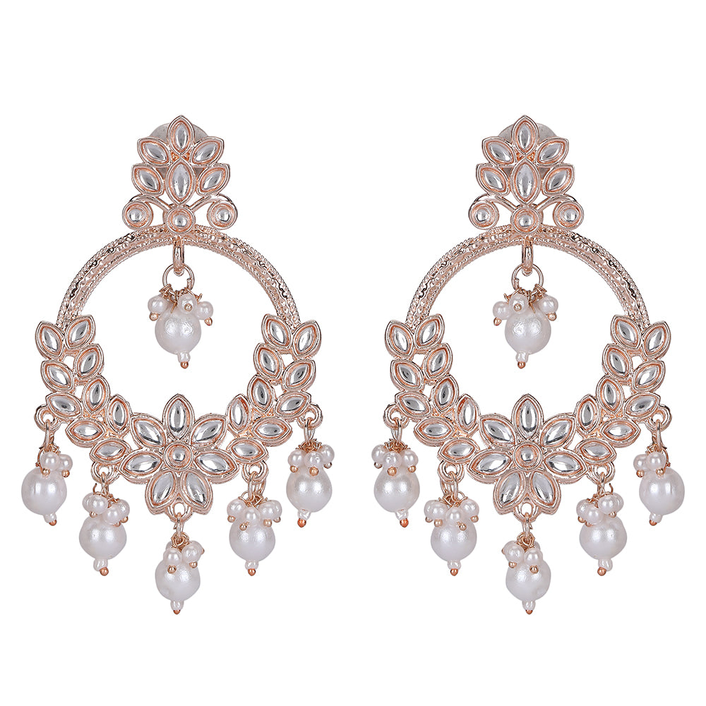 Rose Gold Kundan Chandbali Earrings with Pearl Drops