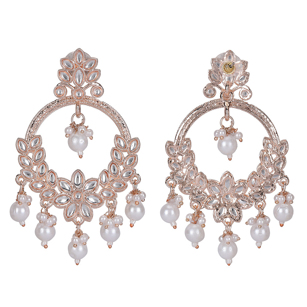 Rose Gold Kundan Chandbali Earrings with Pearl Drops