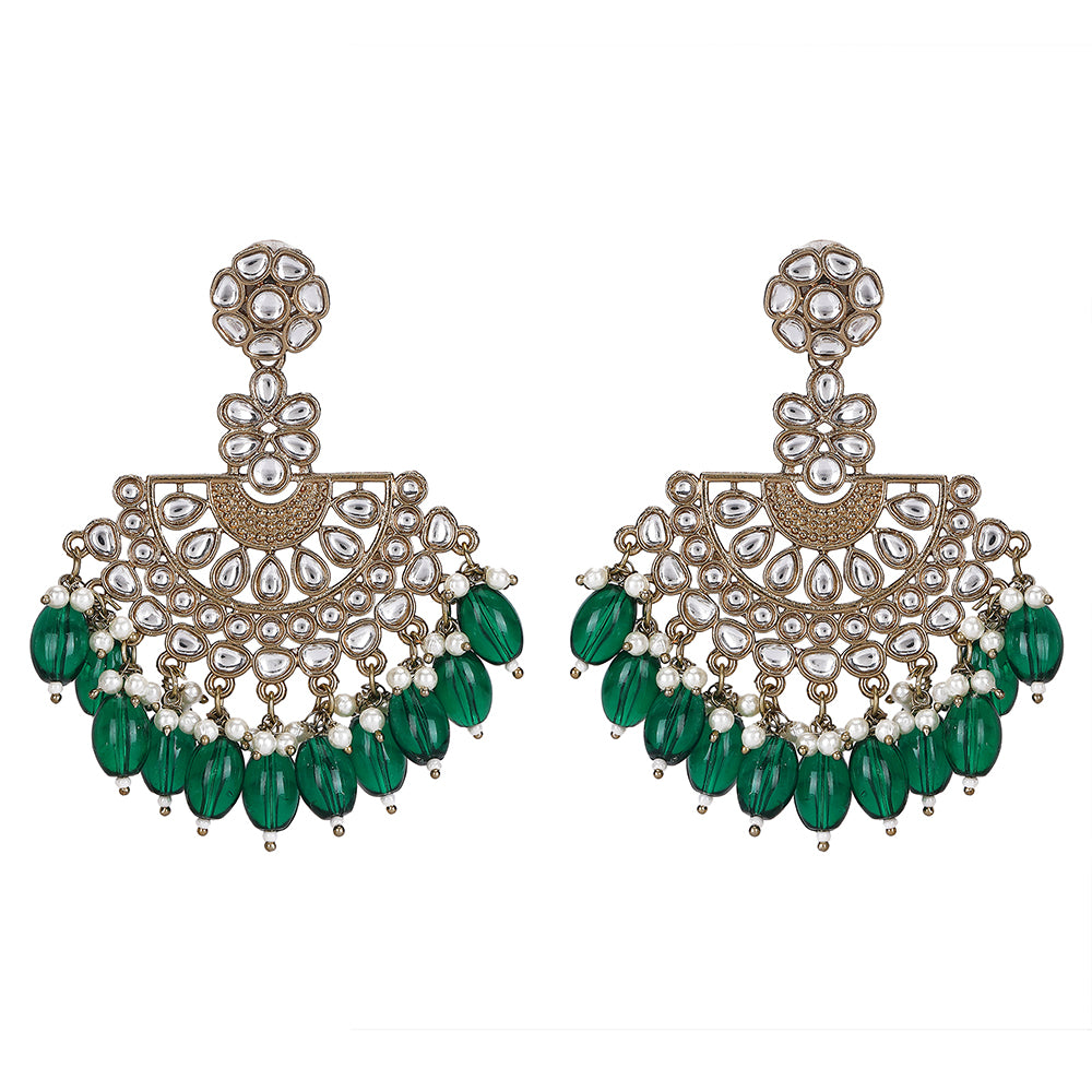 Royal Kundan & Green Beaded Chandbali Earrings