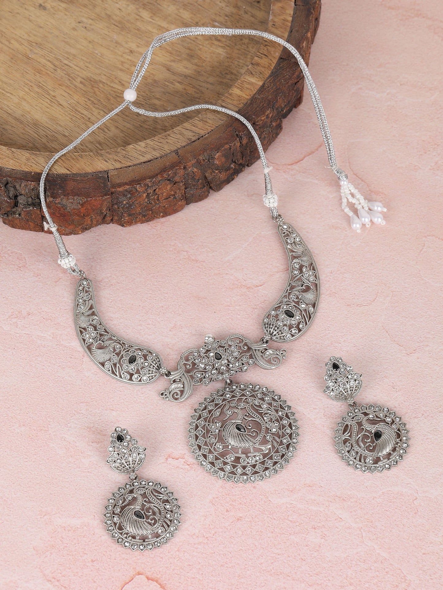 Antique Silver Peacock Necklace Set with Intricate Filigree Work