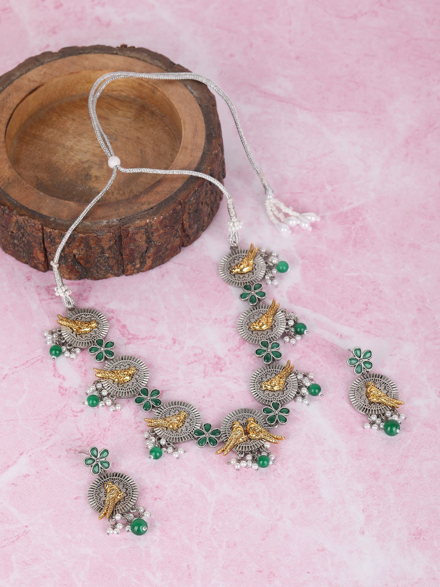 Dual-Tone Bird Motif Necklace Set with Green Enamel & Pearl Drops