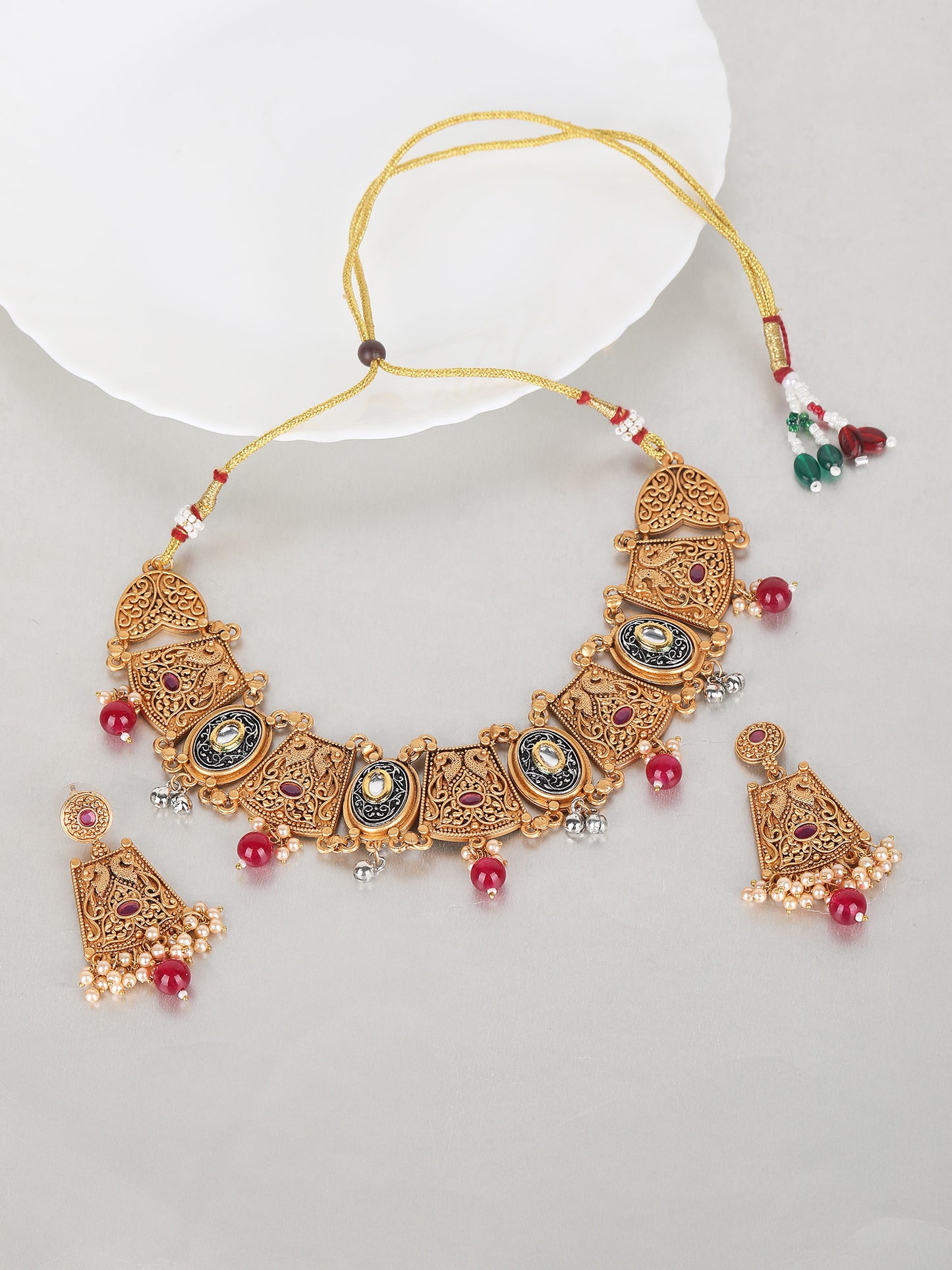 Antique Gold-Plated Temple Necklace Set with Kundan and Pearl Beads