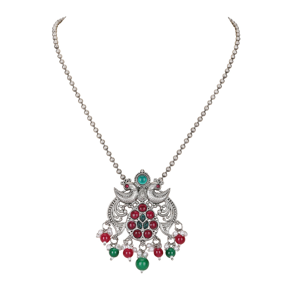 Antique Silver Dual-Peacock Pendant Necklace