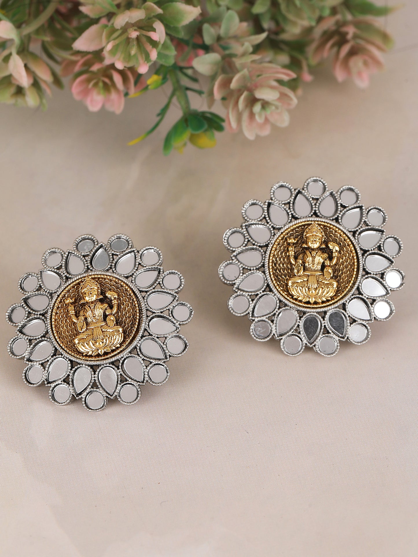 Antique Lakshmi Motif Stud Earrings with Mirror Work