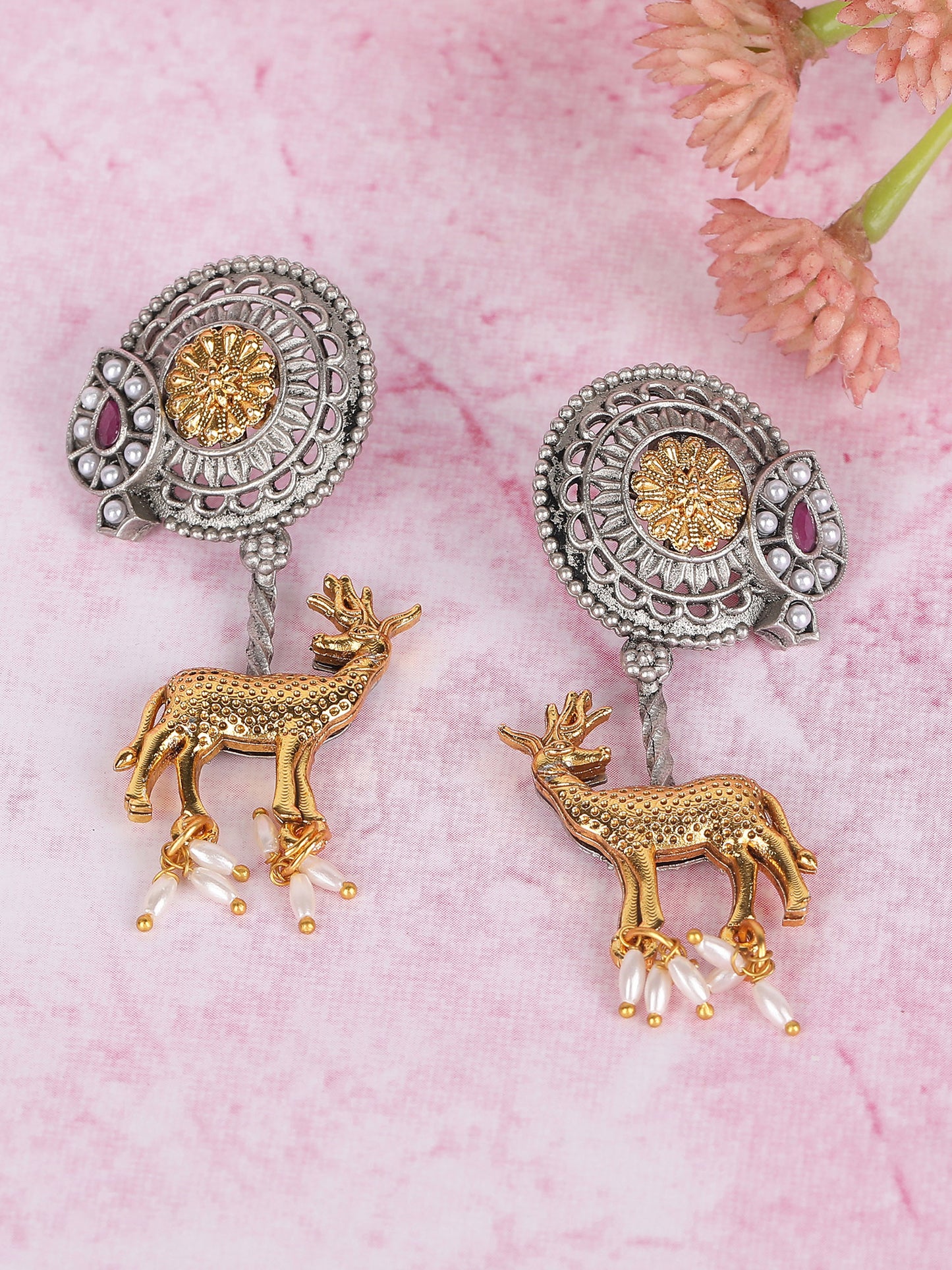 Elegant Dual-Tone Deer Motif Earrings with Pearl Drops
