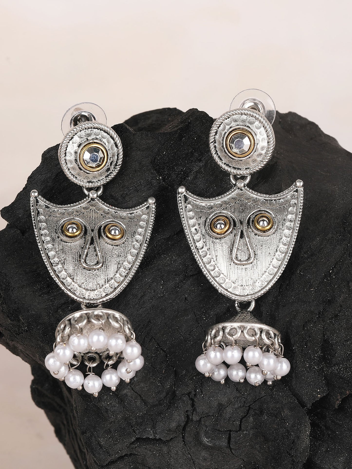 Tribal-Inspired Silver-Plated Earrings with Pearl Accents