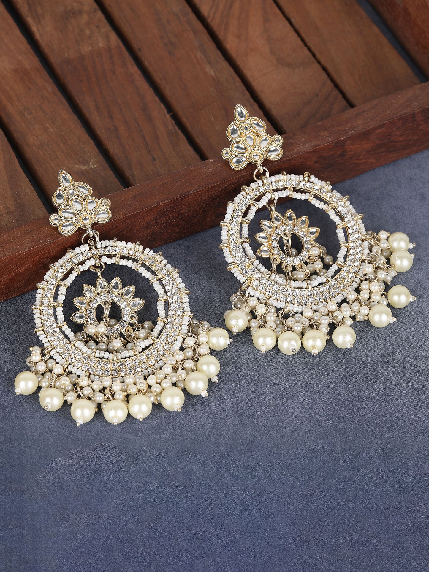 Gold-Plated Kundan & Pearl Chandbali Earrings