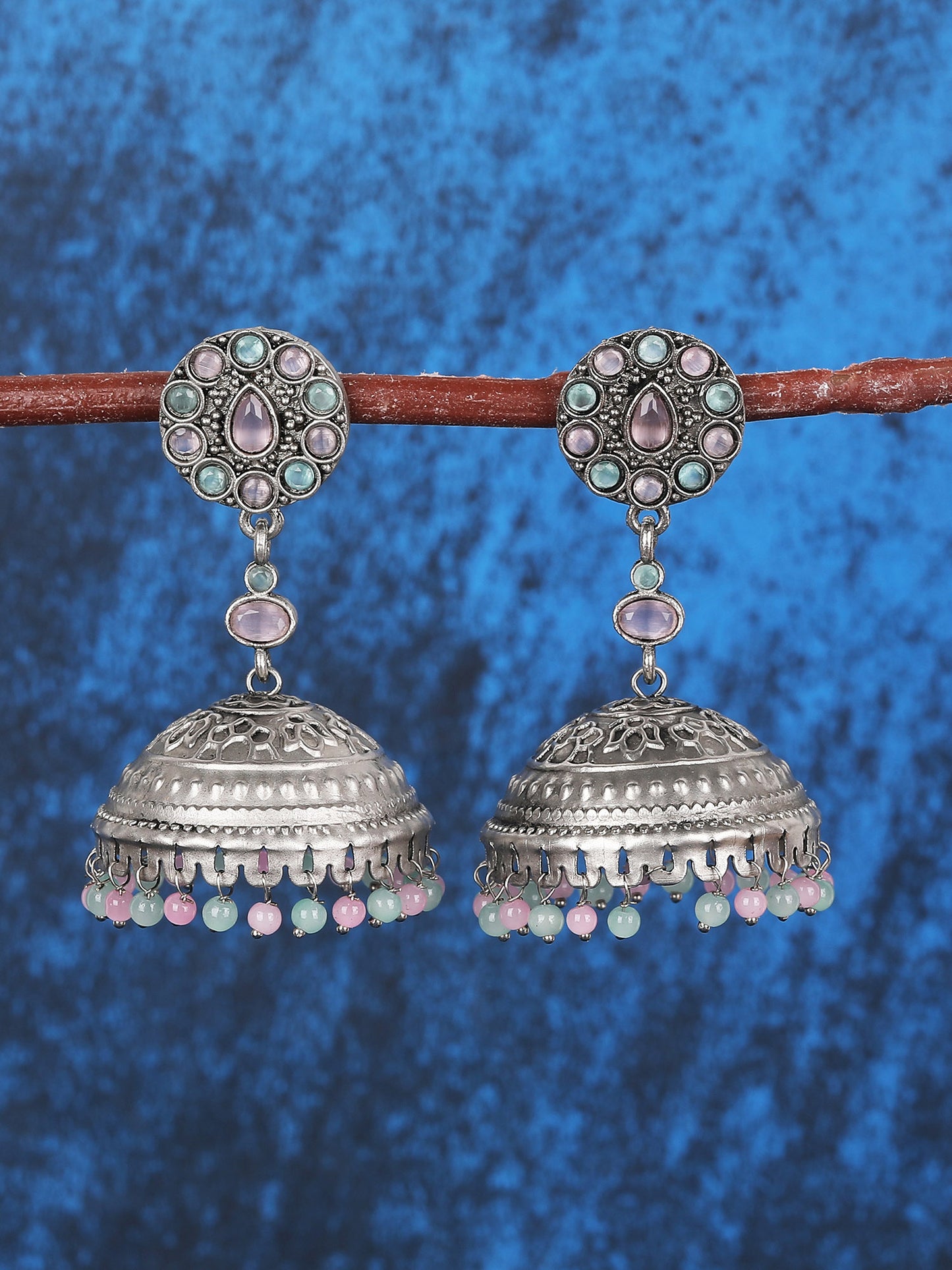 Antique Silver-Plated Jhumka Earrings with Pastel Beads