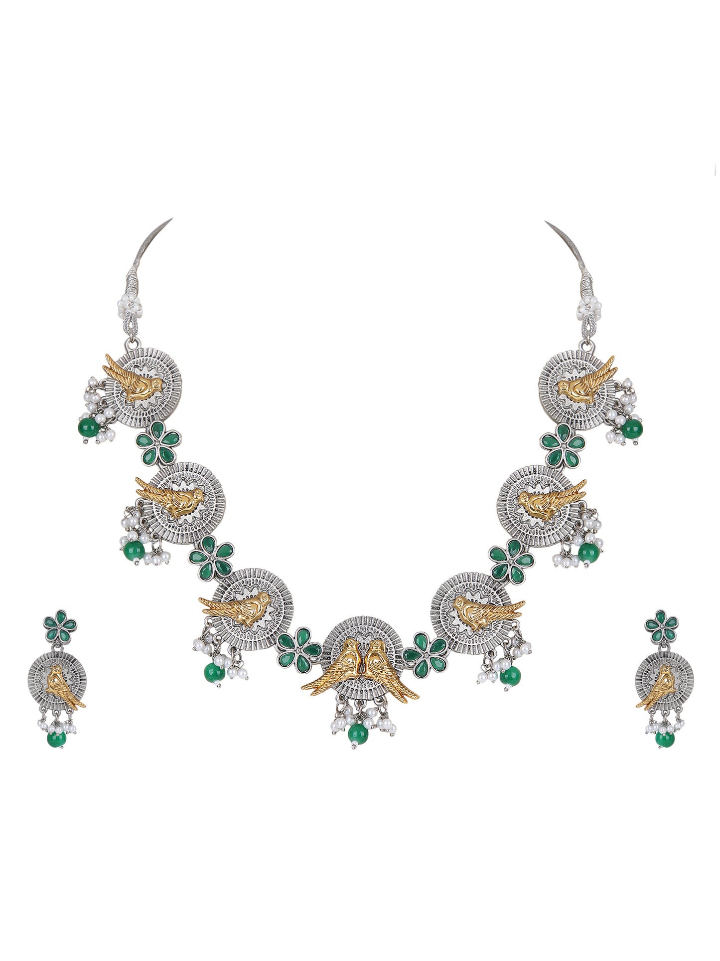 Dual-Tone Bird Motif Necklace Set with Green Enamel & Pearl Drops