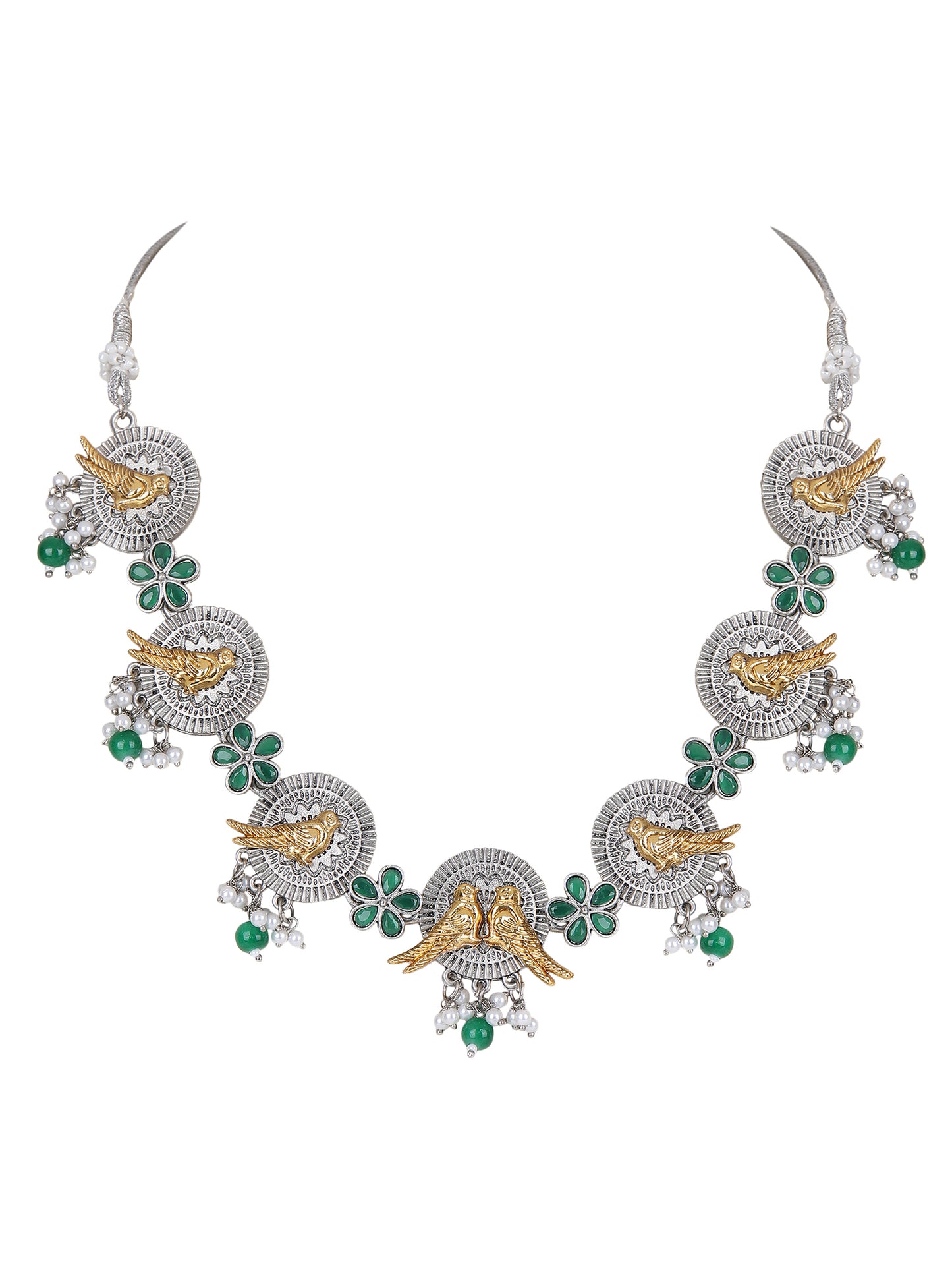 Dual-Tone Bird Motif Necklace Set with Green Enamel & Pearl Drops