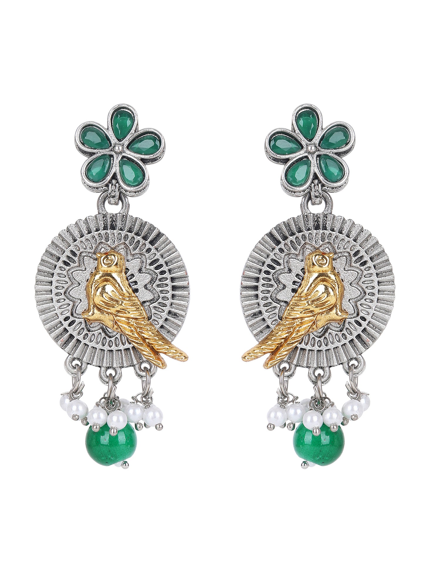 Dual-Tone Bird Motif Necklace Set with Green Enamel & Pearl Drops