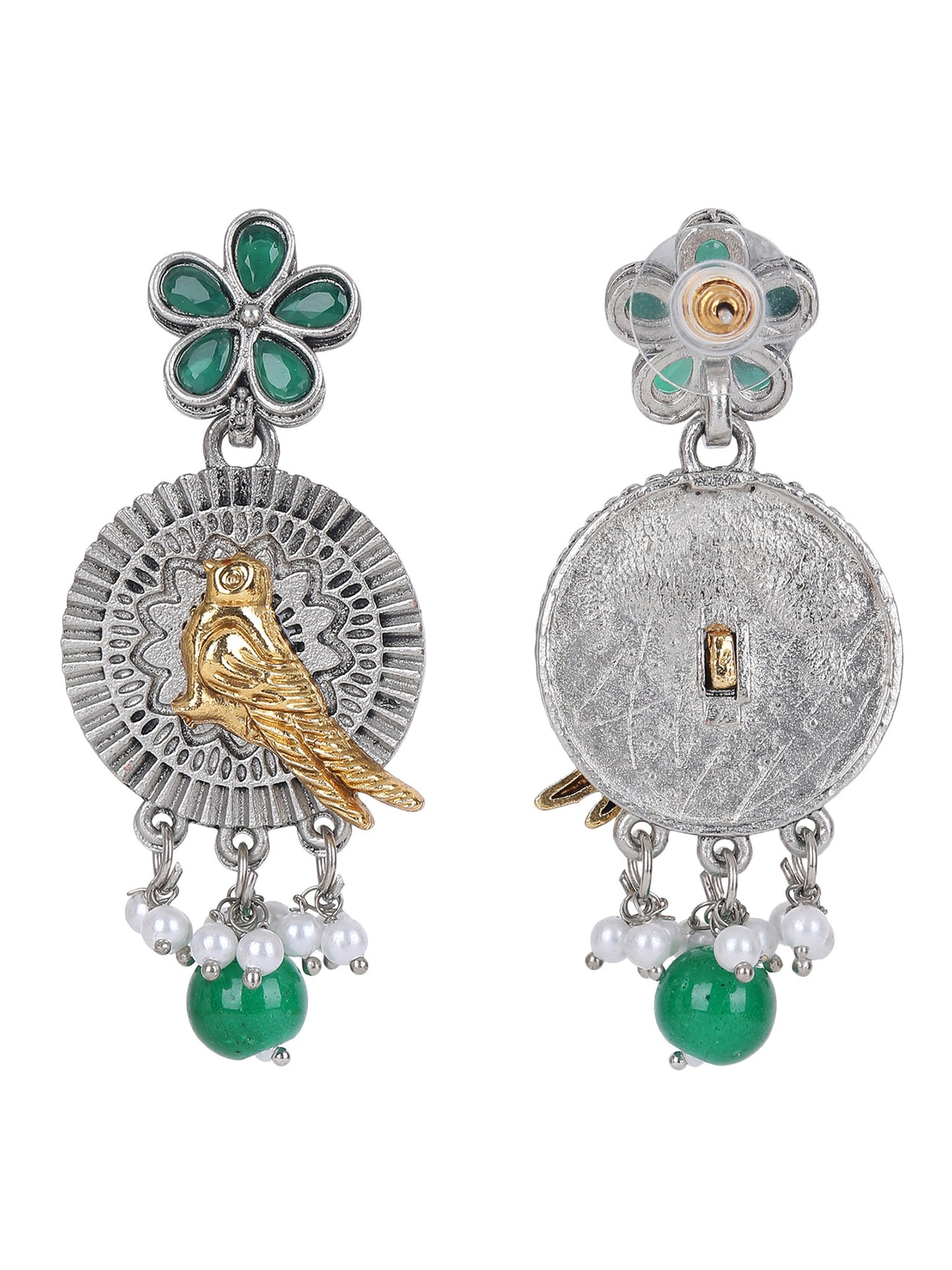 Dual-Tone Bird Motif Necklace Set with Green Enamel & Pearl Drops