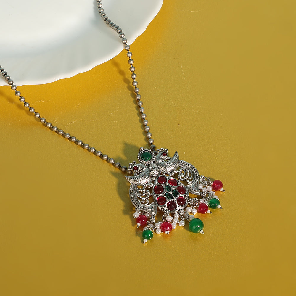Antique Silver Dual-Peacock Pendant Necklace