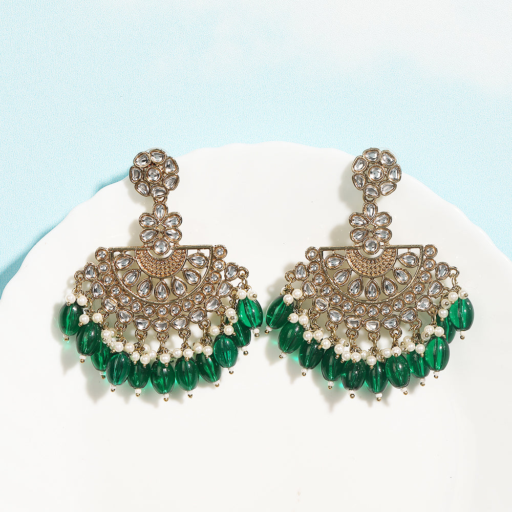 Royal Kundan & Green Beaded Chandbali Earrings