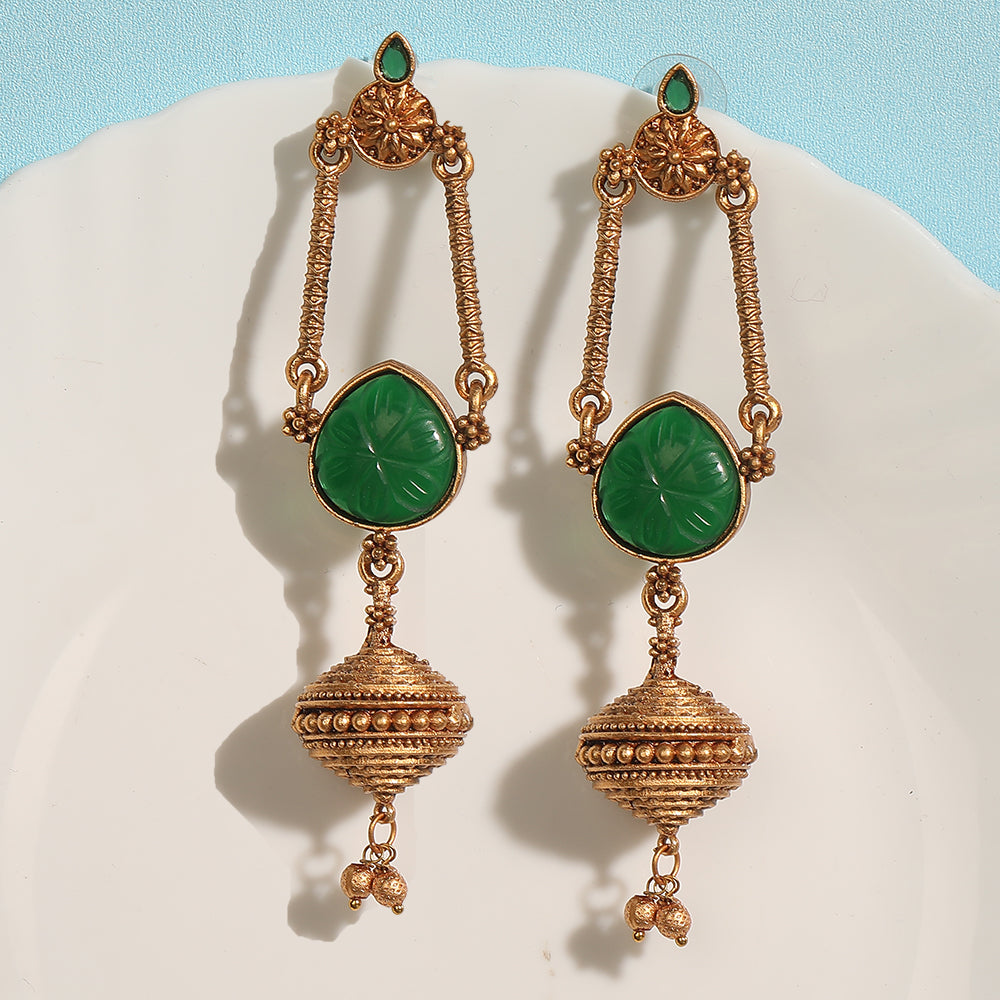 Antique Gold-Plated Earrings with Green Stone & Filigree Work