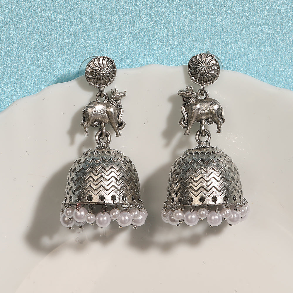 Oxidized Silver Jhumka Earrings with Pearl Drops