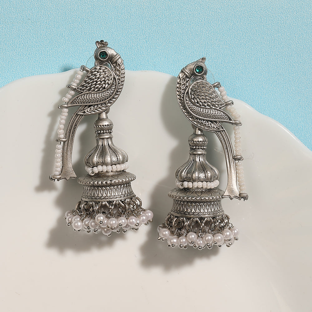 Oxidized Silver Jhumka Earrings Parrot Design