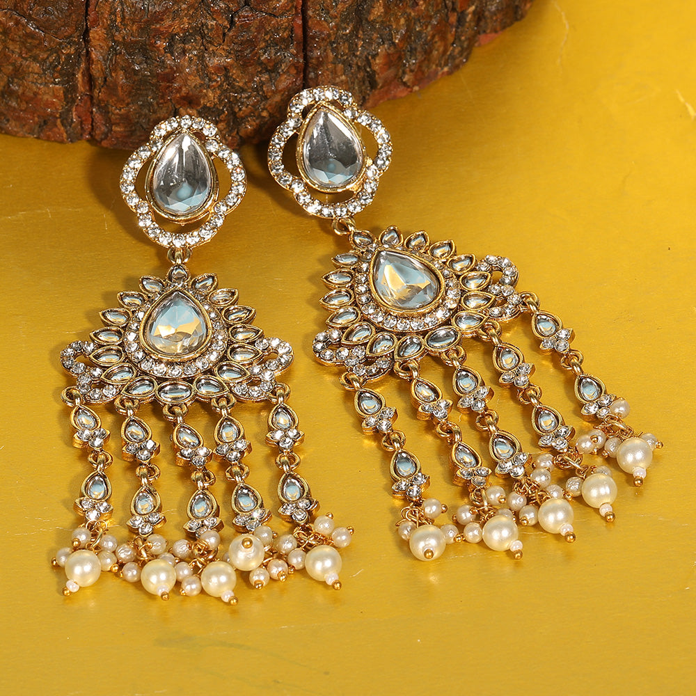 Pear-Shaped Kundan & Pearl Drop Chandelier Earrings