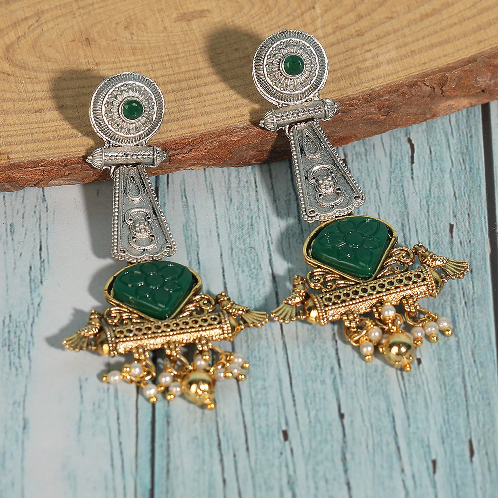 Antique Dual-Tone Tribal Earrings with Green Stone