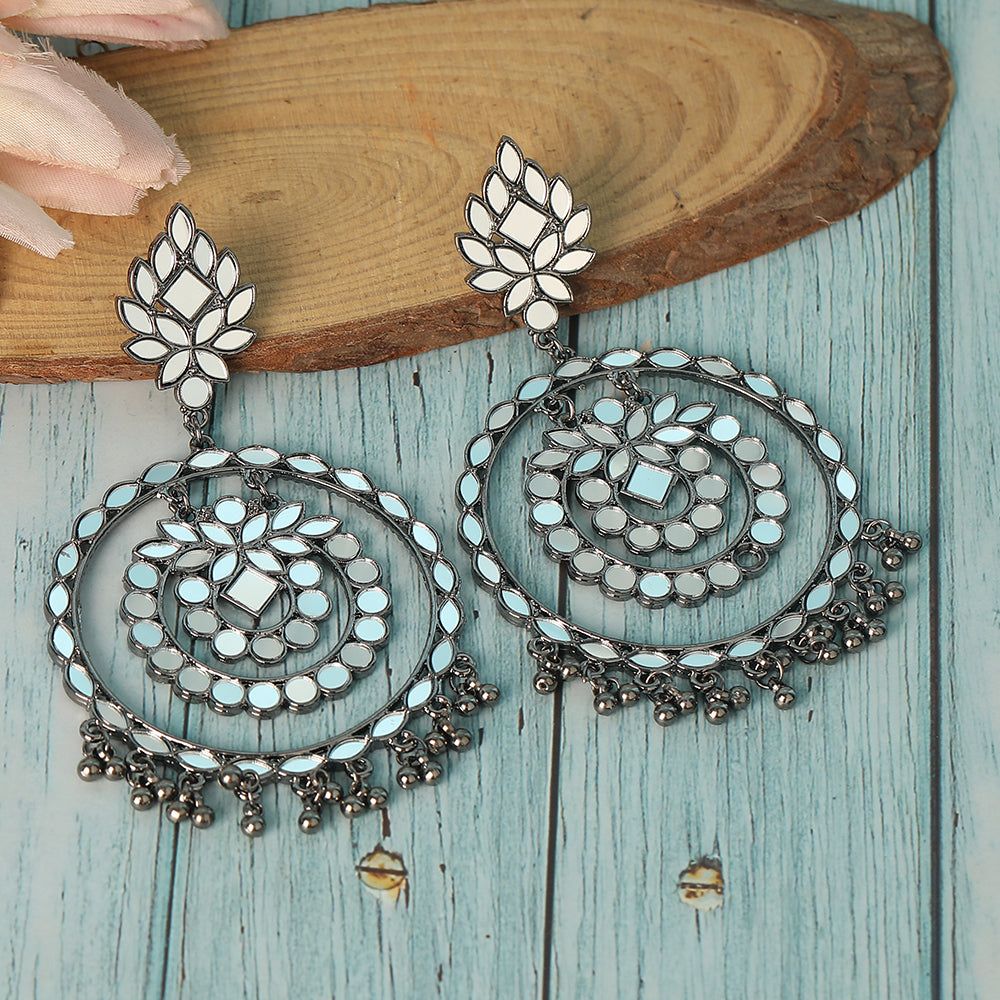 Oxidized Silver Mirror Chandbali Earrings