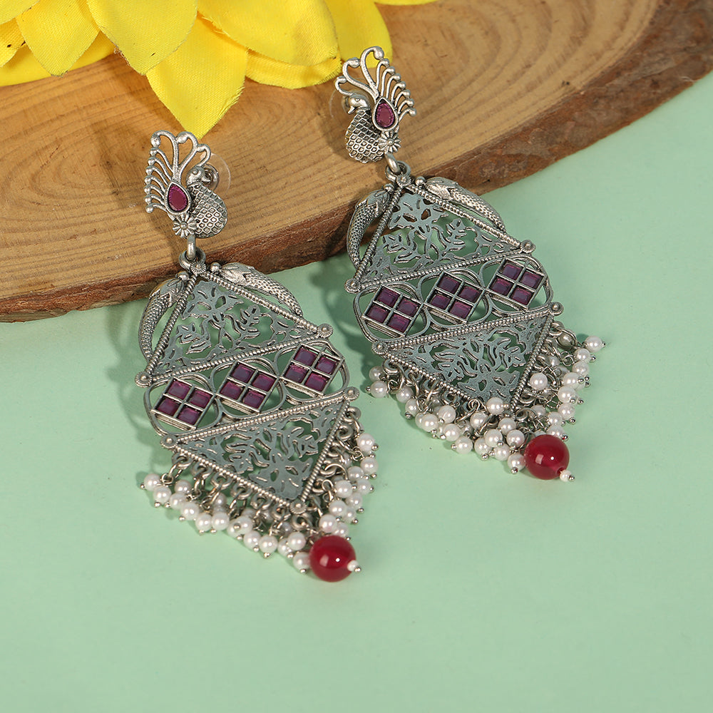 Oxidized Silver Peacock Chandbali Earrings